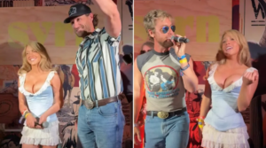 Sydney Sweeney Stagecoach corset pale blue outfit with Scooter Braun 2026